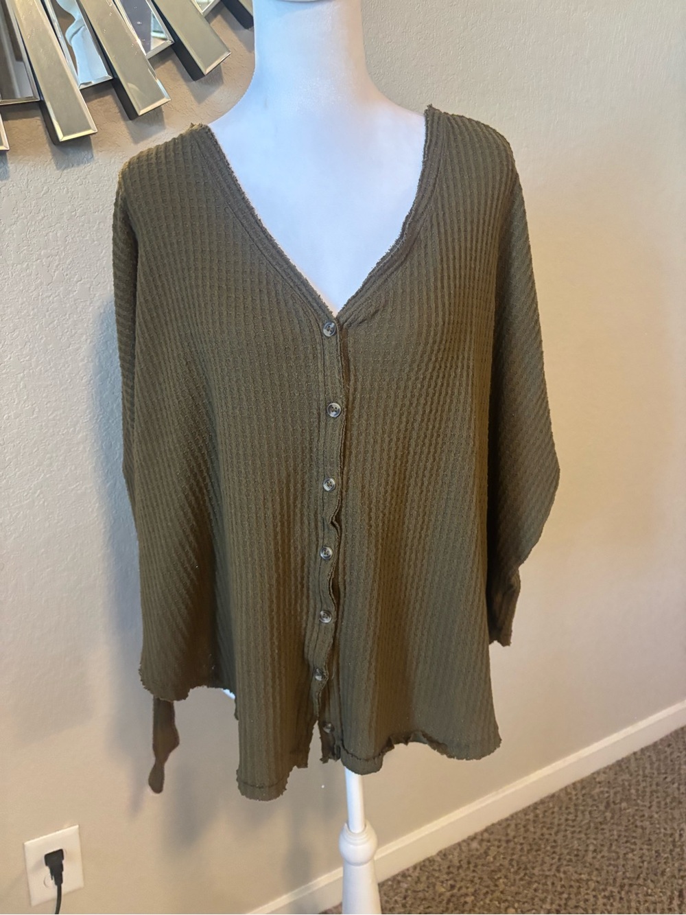 Urban Outfitters Olive Waffle-Knit Button Front Top
